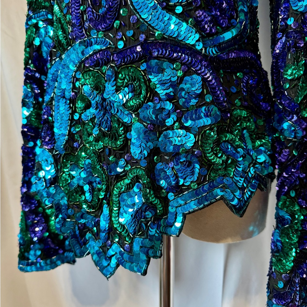 (M) Laurence Kazar Blue Green Sequin Embellished Blouse - Picture 8 of 13